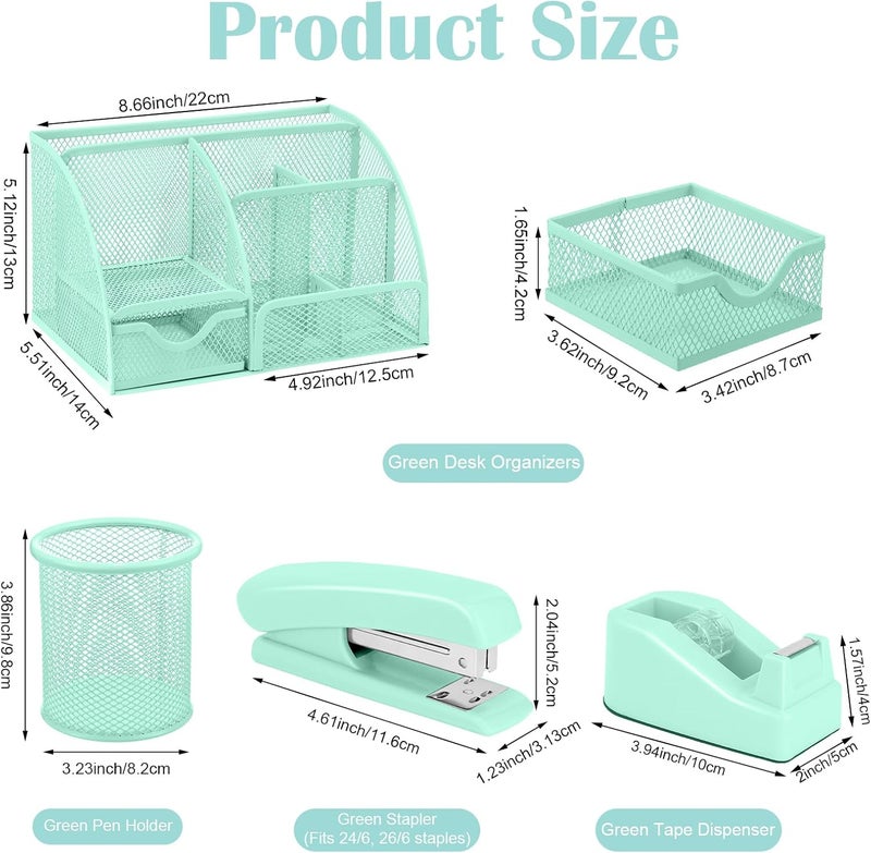 AuraRay Green Desk Organizers and Accessories, Teal Office Supplies Set Green Mesh Desk Organizer, Stapler, Tape Dispenser, 1000 Staples, Staple Remover, Pen Holder, Clips Set, Ruler, Scissors - Image 2